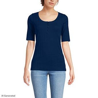 Women's Lands' End Elbow Sleeve Variegated Micro Rib Scoop Neck Henley