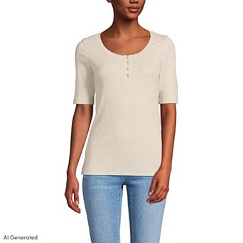 Women's Lands' End Elbow Sleeve Variegated Micro Rib Scoop Neck Henley