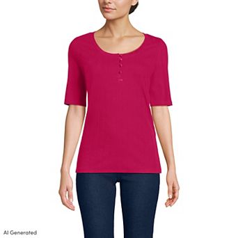 Women's Lands' End Elbow Sleeve Variegated Micro Rib Scoop Neck Henley