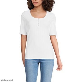 Women's Lands' End Elbow Sleeve Variegated Micro Rib Scoop Neck Henley