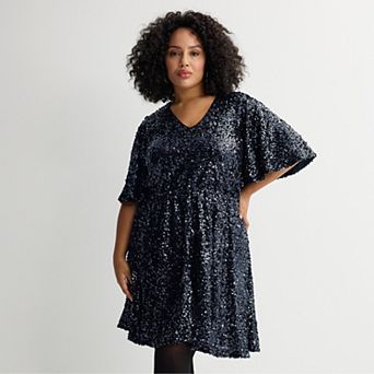 Plus Size Nine West Flutter Sleeve Sequin Dress