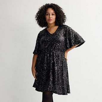 Plus Size Nine West Flutter Sleeve Sequin Dress
