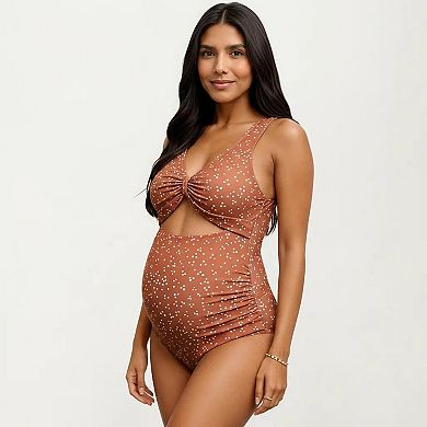 Women's Polka Dot Print Cutout Maternity Swimsuit with Knot Front Detail