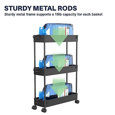 3 Tier Rolling Cart with Wheels,Storage Craft Art Trolley Organizer Serving,3 Hanging Baskets