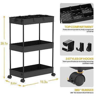 3 Tier Rolling Cart with Wheels,Storage Craft Art Trolley Organizer Serving,3 Hanging Baskets