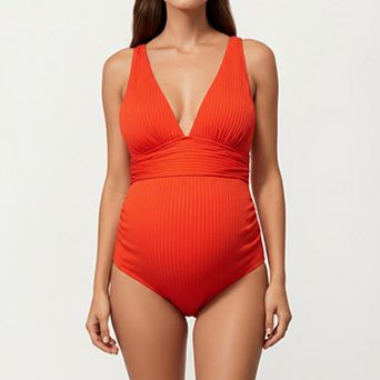 Women's Maternity Ribbed One-Piece Swimsuit with Plunging Neckline and Ruched Waist