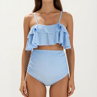 Women's Ribbed Maternity Two-Piece Bikini Set with Ruffle Top and High-Waisted Bottom