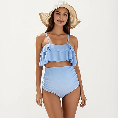 Women's Ribbed Maternity Two-Piece Bikini Set with Ruffle Top and High-Waisted Bottom