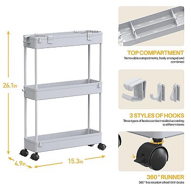 SPACELEAD Slim Storage Cart 3 Tier,Bathroom Organizer Rolling Utility,Mobile Shelving Unit Slide Out