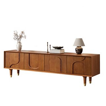 70.9" Mid-Century Modern TV Stand, Brown Wood Media Console with Engraved Design for Living Room