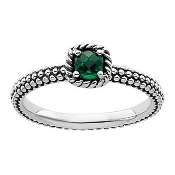 Stacks & Stones Rhodium Over Sterling Silver Stackable Round Lab-Created Gemstone Ring