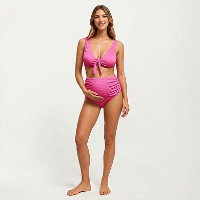 Women's Tie-Front Maternity Bikini Set with High-Waisted Bottoms and Ribbed Texture