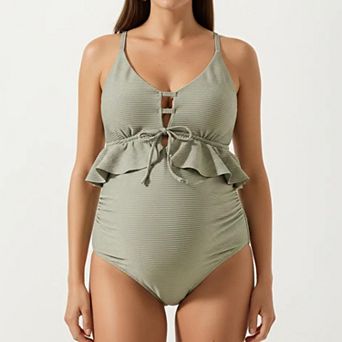Women's Maternity One-Piece Swimsuit with Ruffle Trim and Front Tie Detail