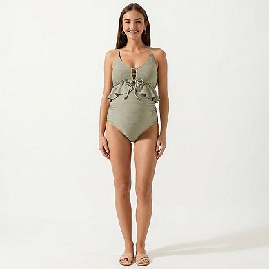 Women's Maternity One-Piece Swimsuit with Ruffle Trim and Front Tie Detail