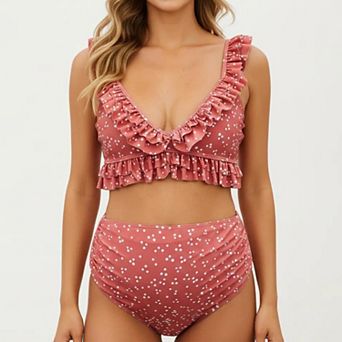 Women's Ruffled Maternity Bikini Set with High-Waisted Bottoms and Polka Dot Print