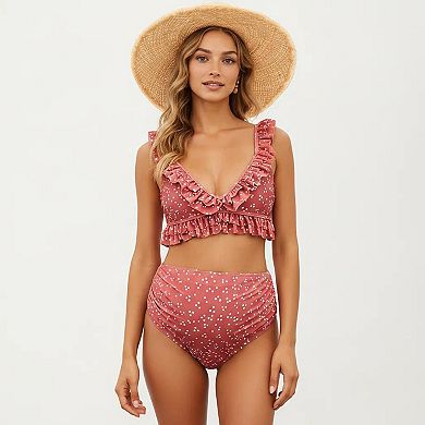 Women's Ruffled Maternity Bikini Set with High-Waisted Bottoms and Polka Dot Print
