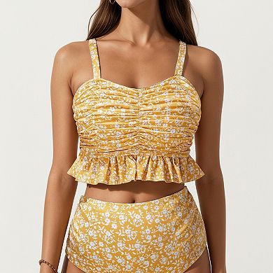 Women's Floral Print Ruffled Maternity Bikini Set with High-Waisted Bottoms