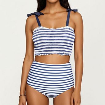 Women's Maternity Striped Smocked Bikini Set with Tie-Shoulder Top and High-Waisted Bottom