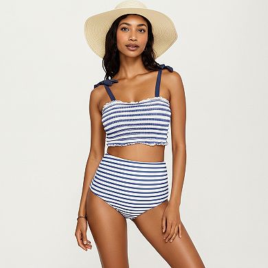Women's Maternity Striped Smocked Bikini Set with Tie-Shoulder Top and High-Waisted Bottom