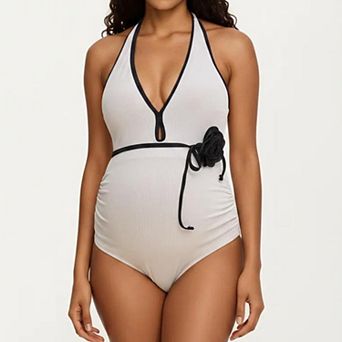 Women's Maternity Ribbed One-Piece Swimsuit with Halter Neckline and Floral Tie Waist