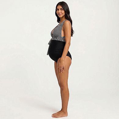Women's Maternity Striped One-Piece Swimsuit with Tie Waist and Deep V-Neckline