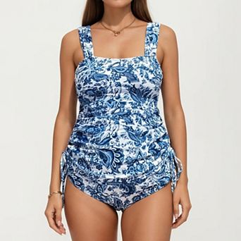 Women's Floral Print Maternity Tankini Set with Adjustable Side Ties and Ruched Design
