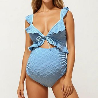 Women's Maternity Ruffle One-Piece Swimsuit with Floral Detail and Front Tie