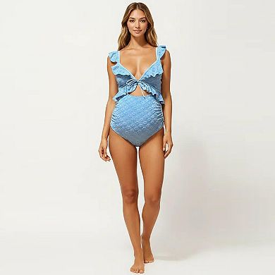 Women's Maternity Ruffle One-Piece Swimsuit with Floral Detail and Front Tie