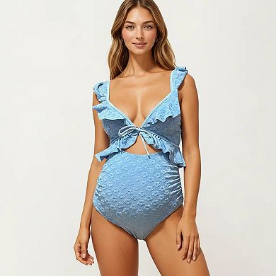 Women's Maternity Ruffle One-Piece Swimsuit with Floral Detail and Front Tie