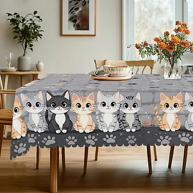 Cat Print Tablecloth, Washable Reusable Tablecloth Cover, Decorative for Ding, Scalloped-Edge