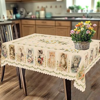 Cat Print Tablecloth, Washable Reusable Tablecloth Cover, Decorative for Ding, Scalloped-Edge