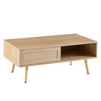 Rattan Coffee Table with Sliding Door, Solid Wood Legs