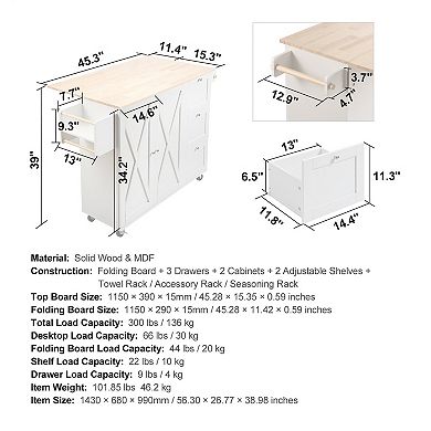 Rolling Kitchen Cart with Storage Drawers, Cabinets, Spice Rack, and Lockable Wheels