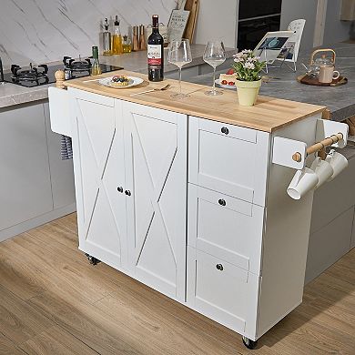 Rolling Kitchen Cart with Storage Drawers, Cabinets, Spice Rack, and Lockable Wheels
