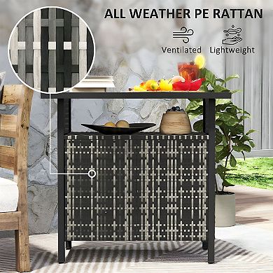 Poolside Storage Cabinet with Door, Open Shelf and Top Surface, Rattan Style