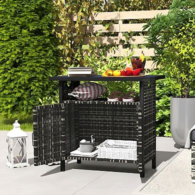 Poolside Storage Cabinet with Door, Open Shelf and Top Surface, Rattan Style