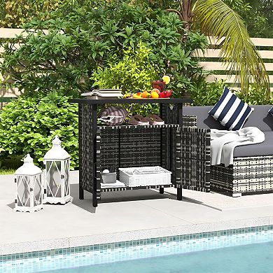 Poolside Storage Cabinet with Door, Open Shelf and Top Surface, Rattan Style