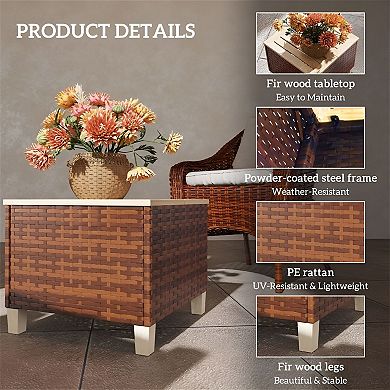 Outdoor End Table for Patio or Deck, Lightweight Wood Top and Rattan Design