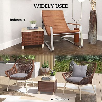Outdoor End Table for Patio or Deck, Lightweight Wood Top and Rattan Design