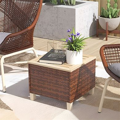 Outdoor End Table for Patio or Deck, Lightweight Wood Top and Rattan Design
