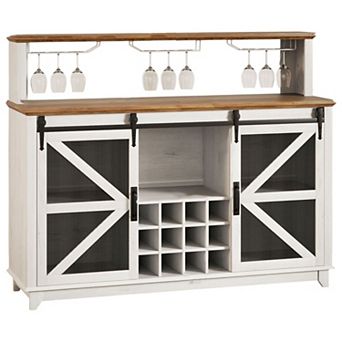 LED Coffee Bar Cabinet with Sliding Barn Doors and 12-Bottle Wine Rack