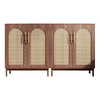 Farmhouse Sideboard Cabinet with Rattan Panels and Interior Storage