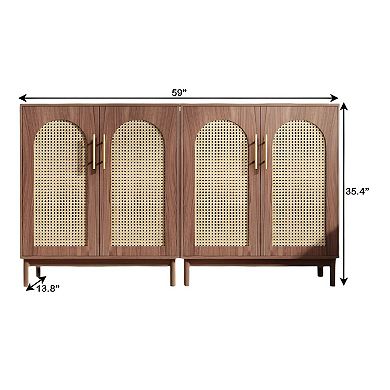 Farmhouse Sideboard Cabinet with Rattan Panels and Interior Storage