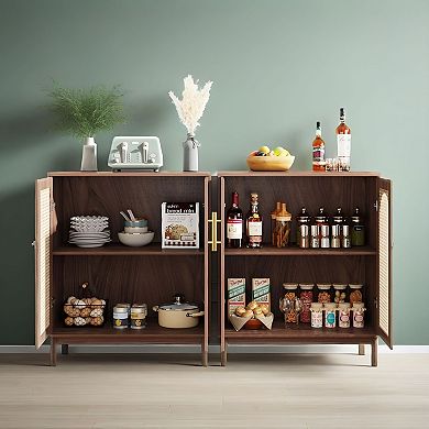 Farmhouse Sideboard Cabinet with Rattan Panels and Interior Storage