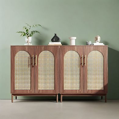 Farmhouse Sideboard Cabinet with Rattan Panels and Interior Storage