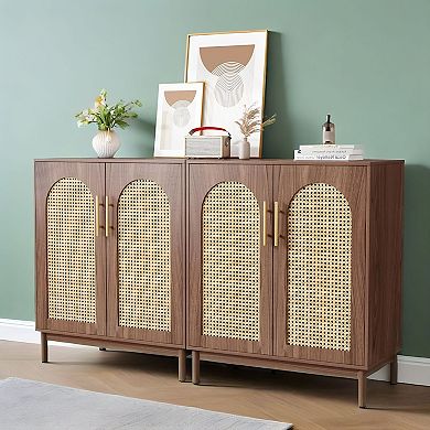 Farmhouse Sideboard Cabinet with Rattan Panels and Interior Storage