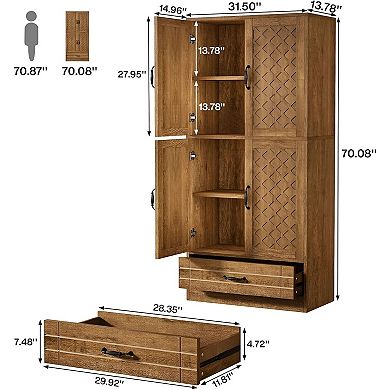 Farmhouse Bookshelf with Doors and Drawer, 4 Shelf Display Storage Cabinet