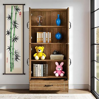 Farmhouse Bookshelf with Doors and Drawer, 4 Shelf Display Storage Cabinet