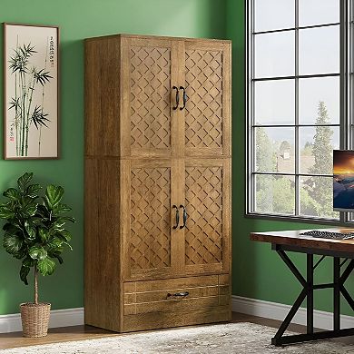 Farmhouse Bookshelf with Doors and Drawer, 4 Shelf Display Storage Cabinet