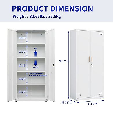 Steel Metal Storage Cabinet with Lock, Two Doors, and 4 Adjustable Shelves